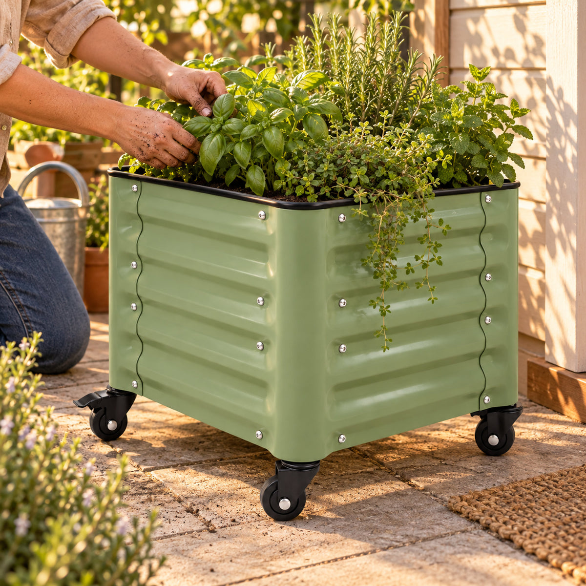 Rolling Cube Planter, 21 x 21 Inches in use in a home garden