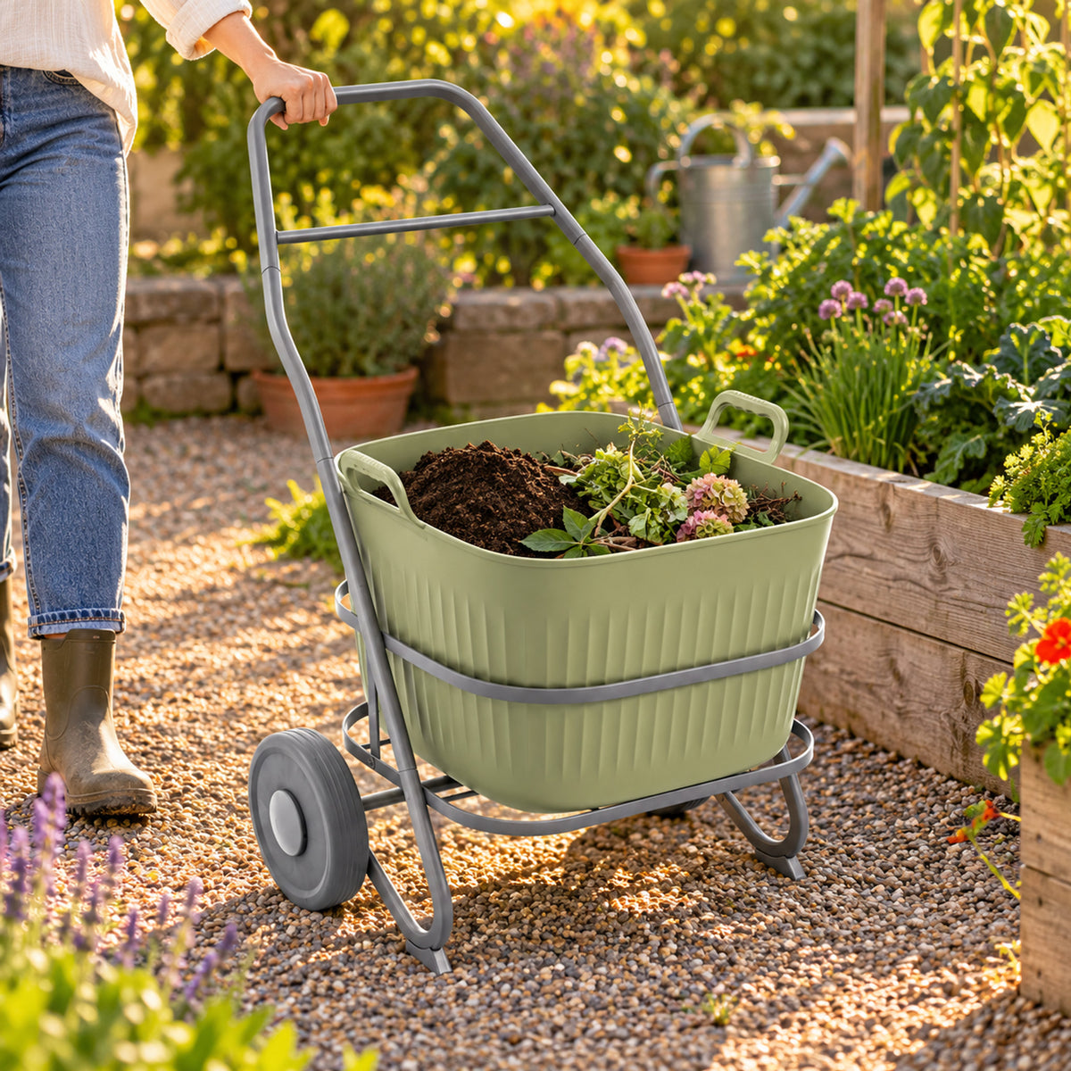 Rolling Garden Utility Cart, 12 Gallons in use in a home garden