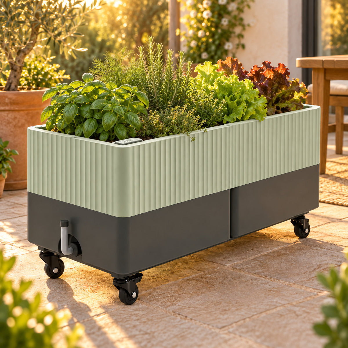 Rolling Self-Watering Planter, 21 x 48 Inches in use in a home garden