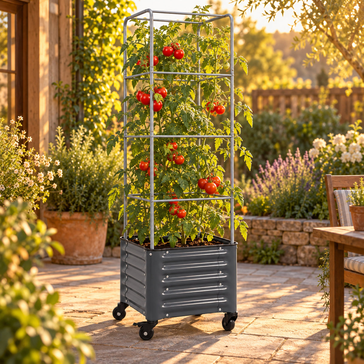 Rolling Tomato Planter with Cage, 30 Gallons in use in a home garden