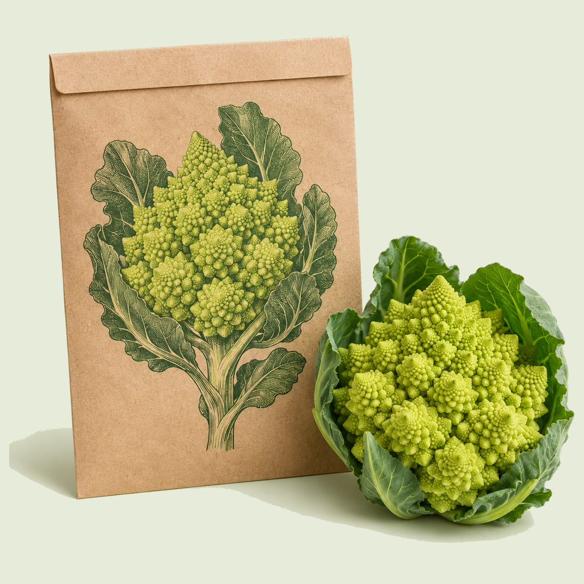 Kraft seed packet illustrated with Romanesco Cauliflower, with fresh Romanesco Cauliflower beside it