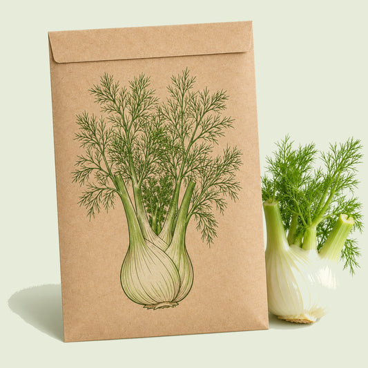 Kraft seed packet illustrated with Romanesco Fennel, with fresh Romanesco Fennel beside it