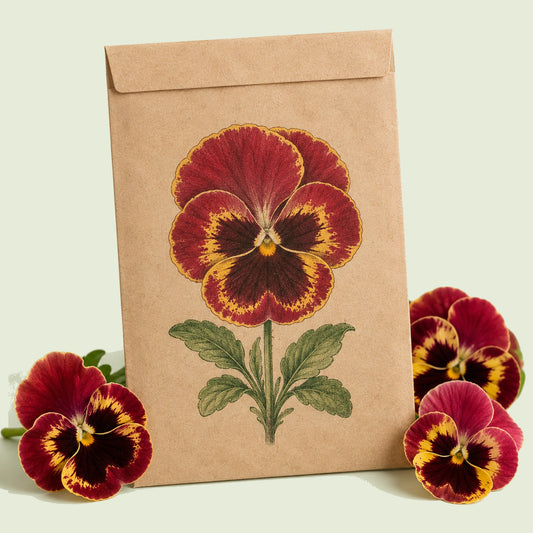 Kraft seed packet illustrated with Rose Picotee Pansy, with fresh Rose Picotee Pansy beside it
