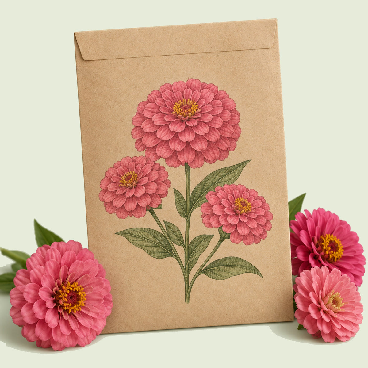 Kraft seed packet illustrated with Rose Zinnia, with fresh Rose Zinnia beside it