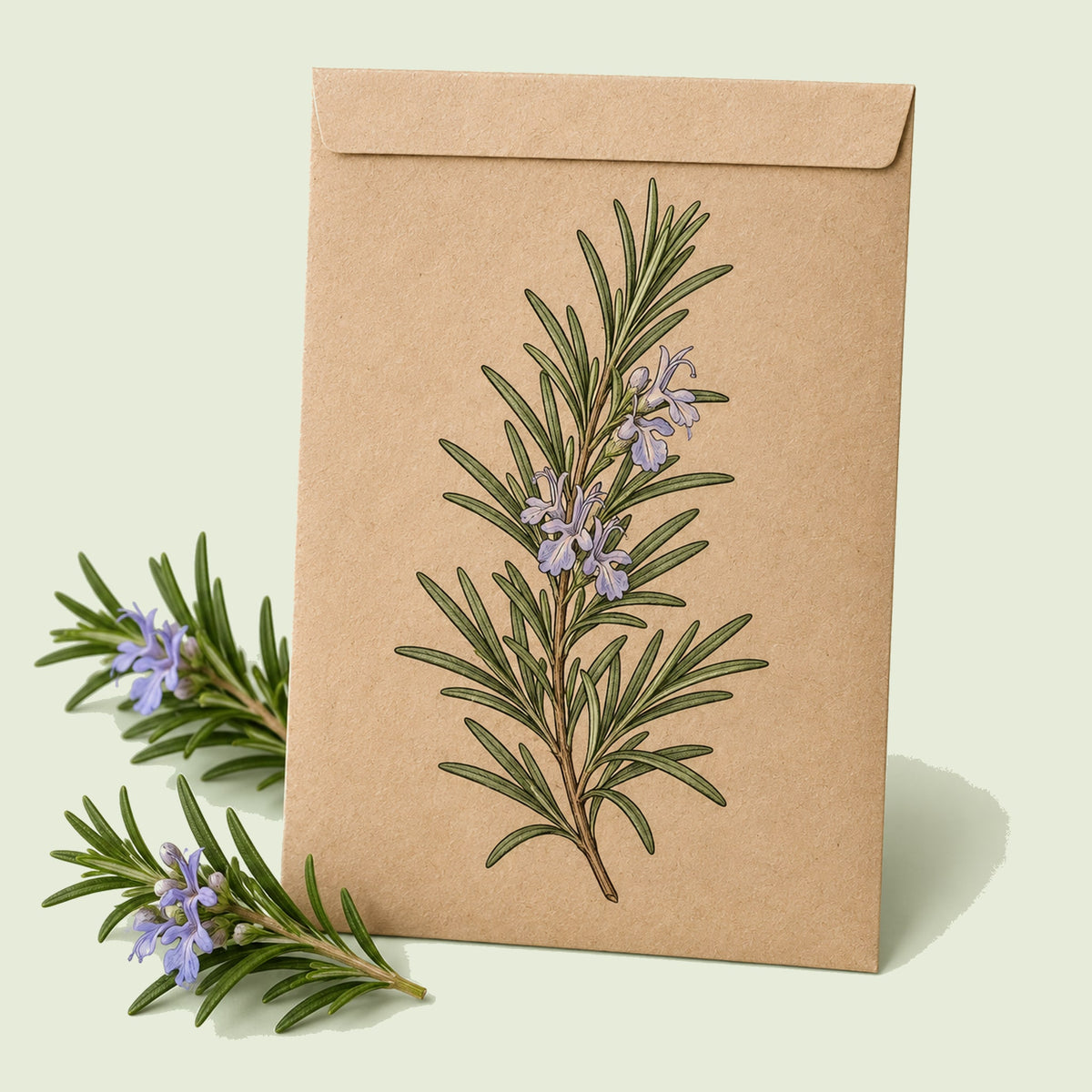 Kraft seed packet illustrated with Rosemary Herb, with fresh Rosemary Herb beside it