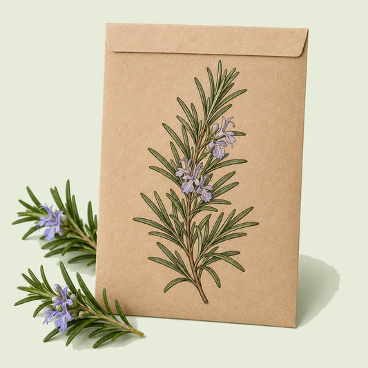 Kraft seed packet illustrated with Rosemary Herb, with fresh Rosemary Herb beside it