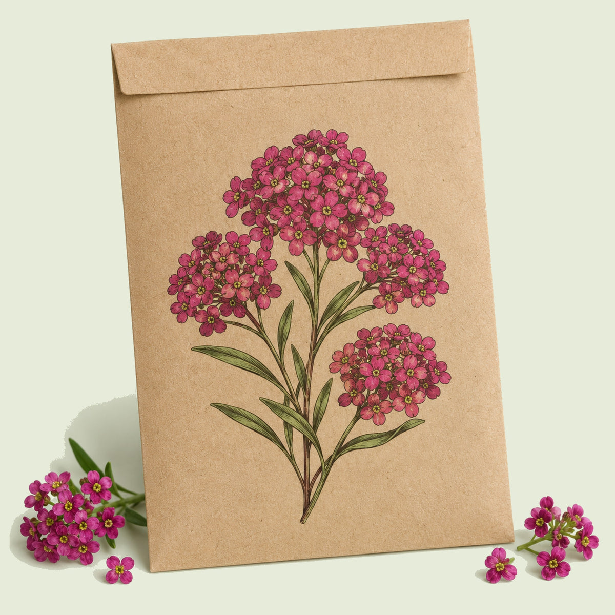 Kraft seed packet illustrated with Rosie O'Day Sweet Alyssum, with fresh Rosie O'Day Sweet Alyssum beside it