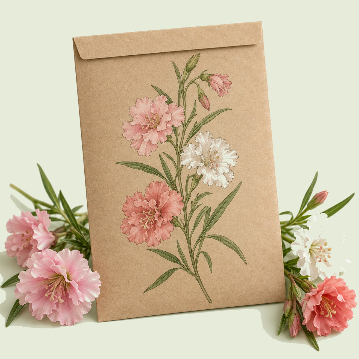 Kraft seed packet illustrated with Rosy Cheek Clarkia, with fresh Rosy Cheek Clarkia beside it