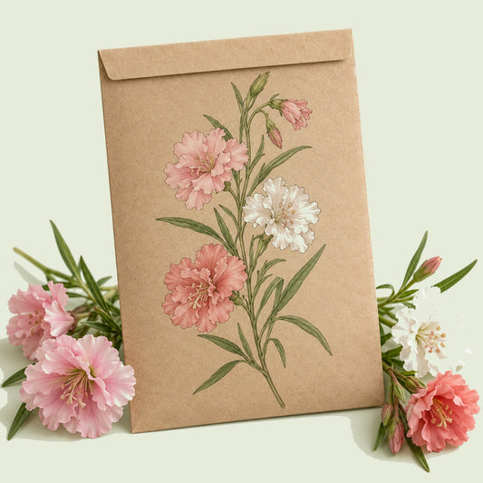 Kraft seed packet illustrated with Rosy Cheek Clarkia, with fresh Rosy Cheek Clarkia beside it