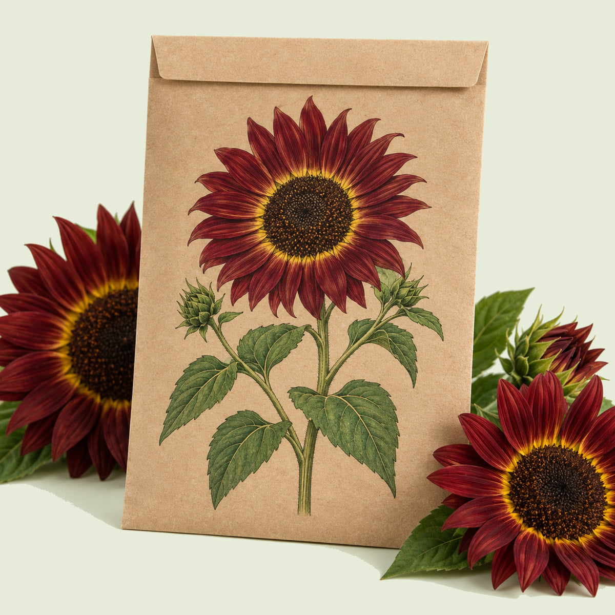 Kraft seed packet illustrated with Rouge Royale Sunflower, with fresh Rouge Royale Sunflower beside it