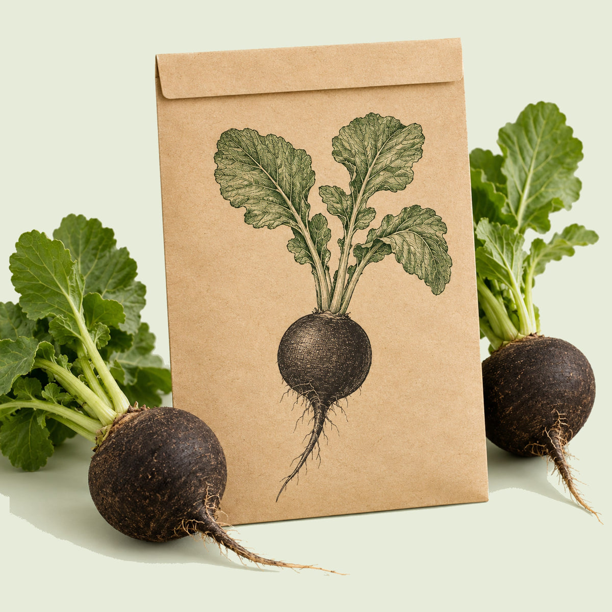 Kraft seed packet illustrated with Round Black Spanish Radish, with fresh Round Black Spanish Radish beside it