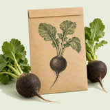 Kraft seed packet illustrated with Round Black Spanish Radish, with fresh Round Black Spanish Radish beside it