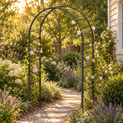 Round Lattice Garden Arch in use in a home garden