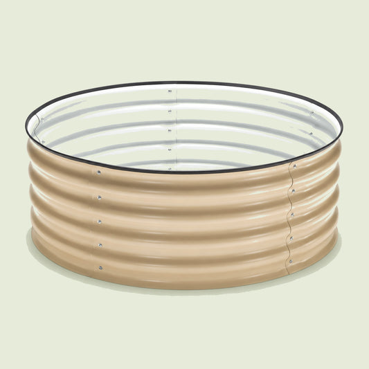 Round Metal Raised Garden Bed, 15 Inches Tall on a soft green background
