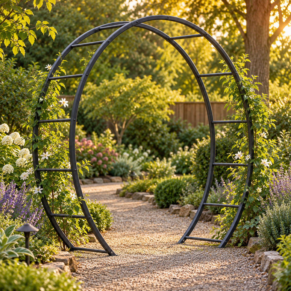 Round Moon Garden Gate in use in a home garden