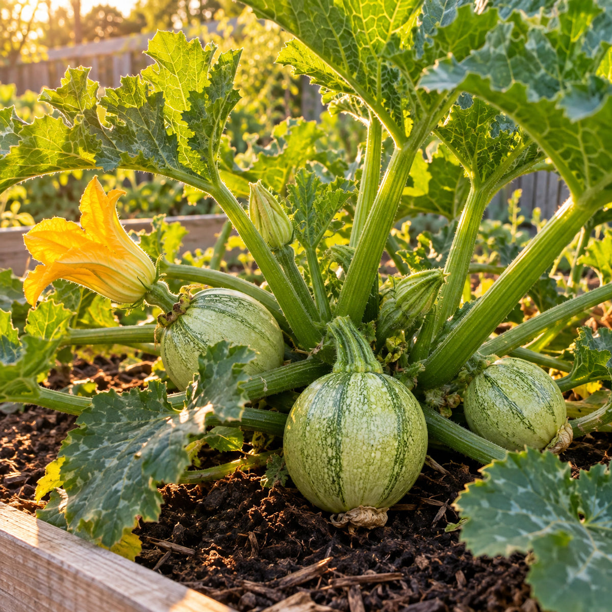 Round Zucchini Summer Squash Seeds growing in a home garden