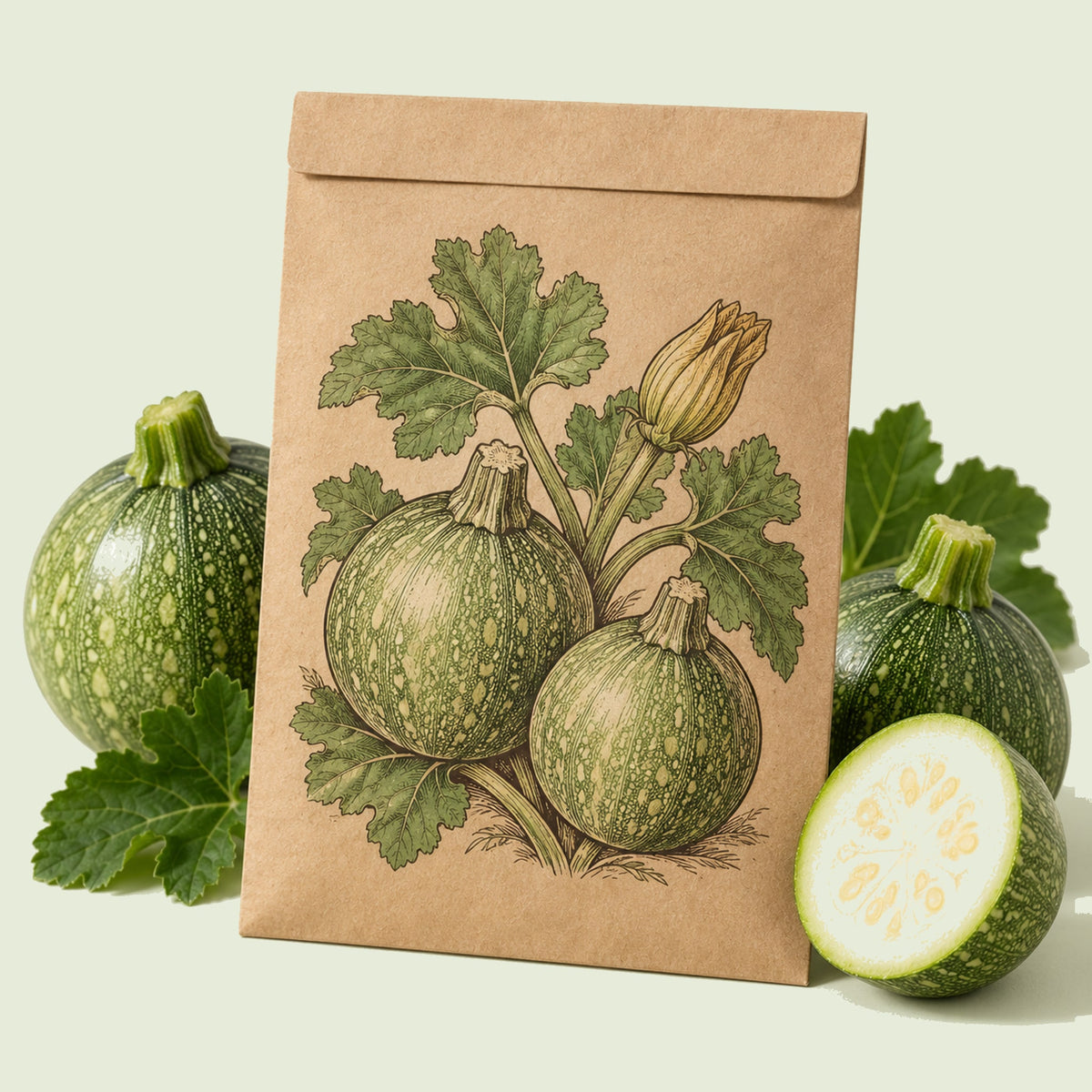 Kraft seed packet illustrated with Round Zucchini Summer Squash, with fresh Round Zucchini Summer Squash beside it
