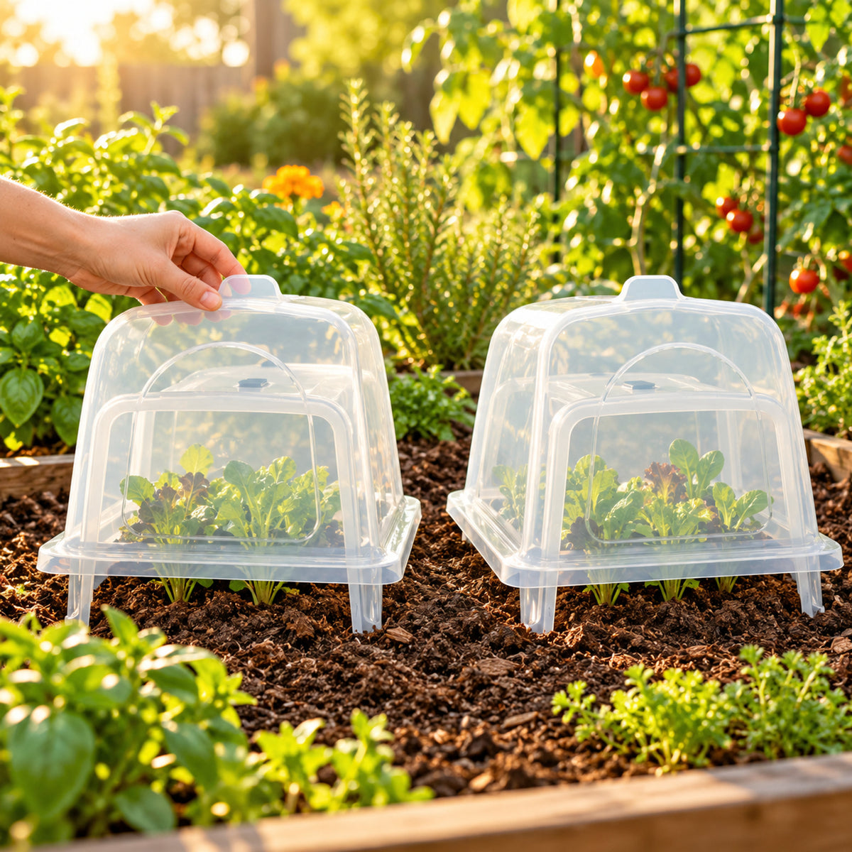 Row Cloche End Caps, 2 Pack in use in a home garden
