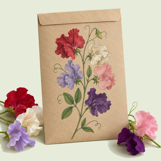 Kraft seed packet illustrated with Royal Sweet Pea Blend, with fresh Royal Sweet Pea Blend beside it