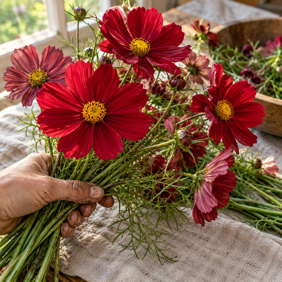 Rubenza Cosmos Seeds harvest up close