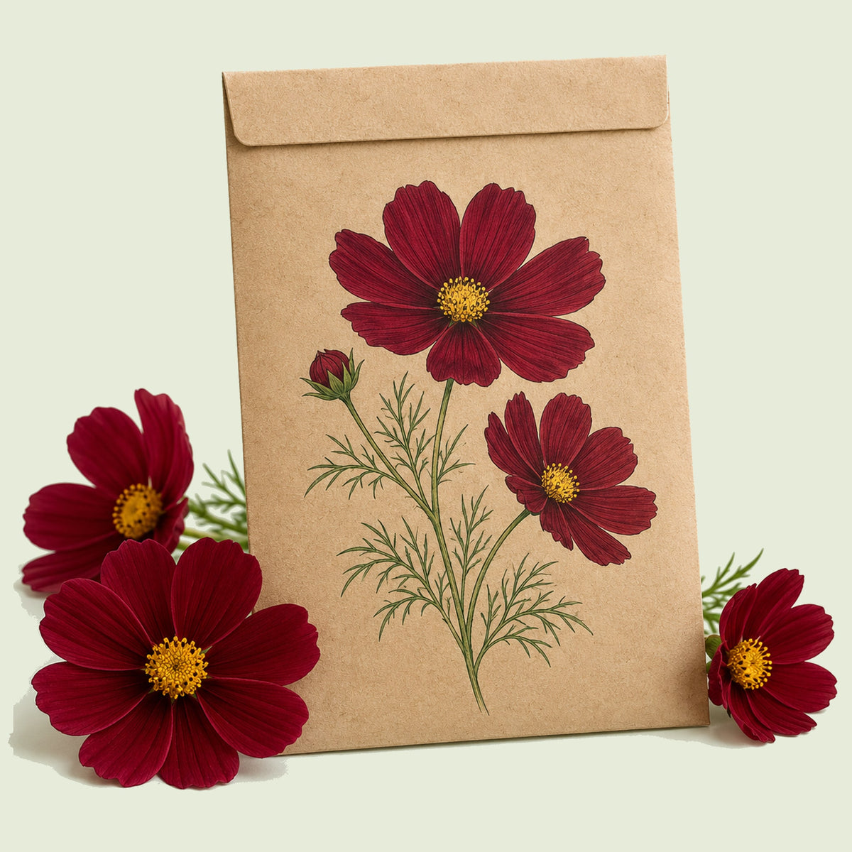 Kraft seed packet illustrated with Rubenza Cosmos, with fresh Rubenza Cosmos beside it