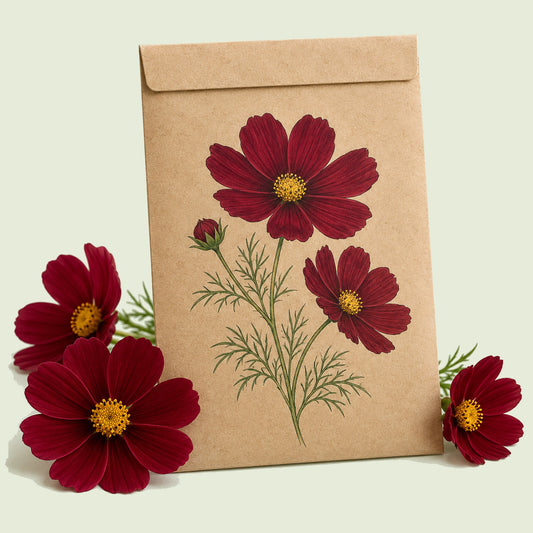 Kraft seed packet illustrated with Rubenza Cosmos, with fresh Rubenza Cosmos beside it