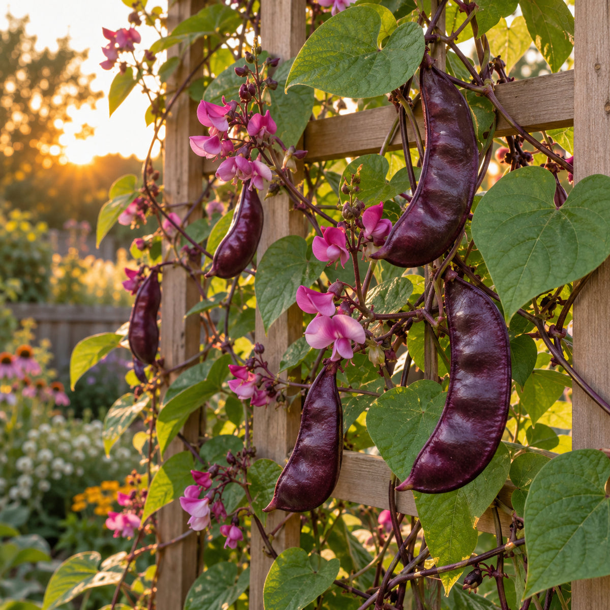 Ruby Moon Hyacinth Bean Seeds growing in a home garden