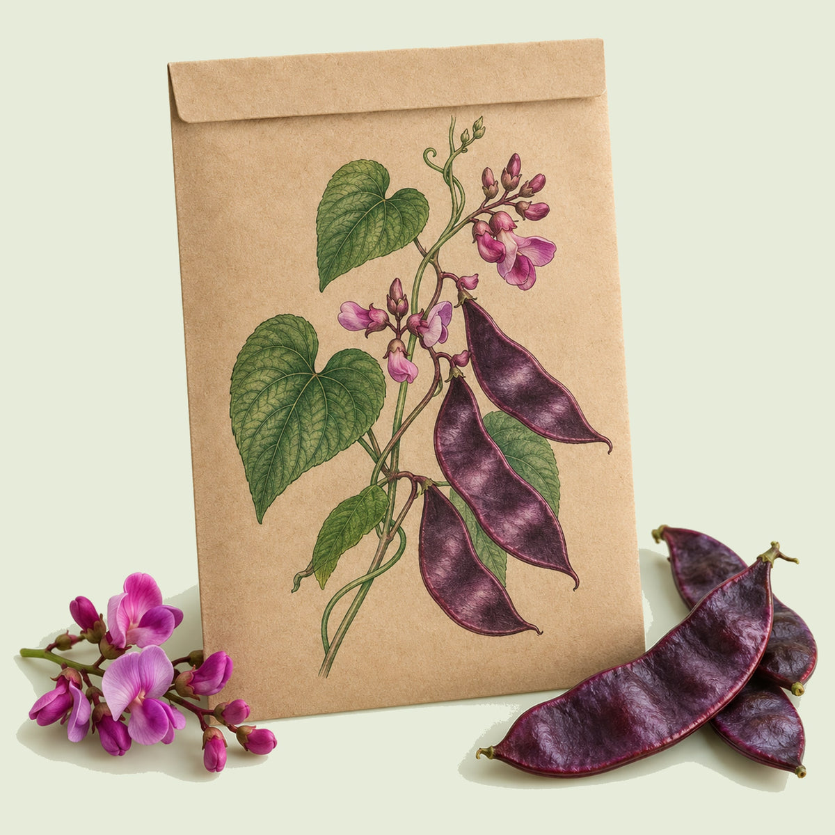 Kraft seed packet illustrated with Ruby Moon Hyacinth Bean, with fresh Ruby Moon Hyacinth Bean beside it