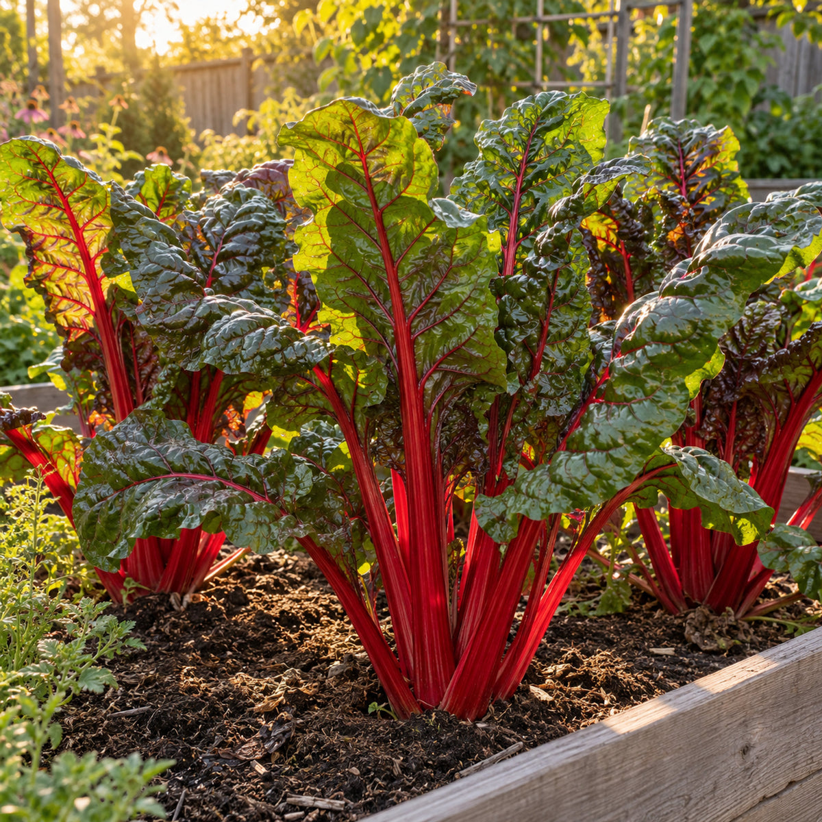 Ruby Red Swiss Chard Seeds growing in a home garden