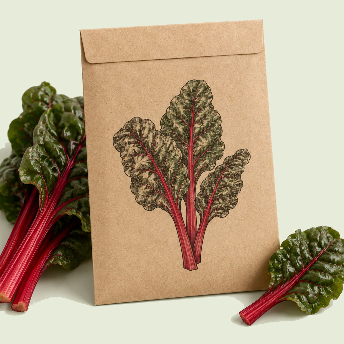 Kraft seed packet illustrated with Ruby Red Swiss Chard, with fresh Ruby Red Swiss Chard beside it