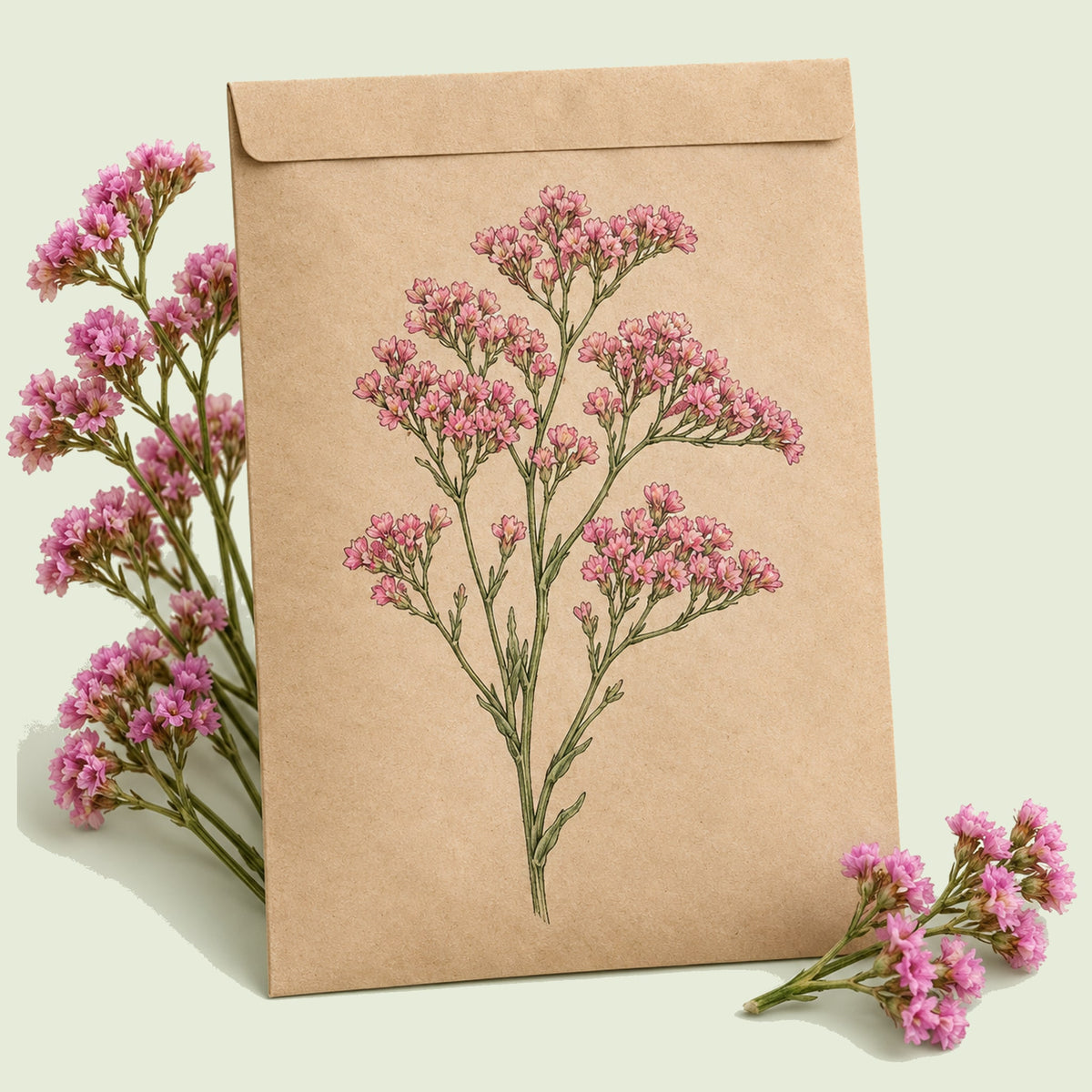 Kraft seed packet illustrated with Russian Statice Flower, with fresh Russian Statice Flower beside it