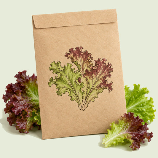 Kraft seed packet illustrated with Salad Bowl Leaf Lettuce Blend, with fresh Salad Bowl Leaf Lettuce Blend beside it