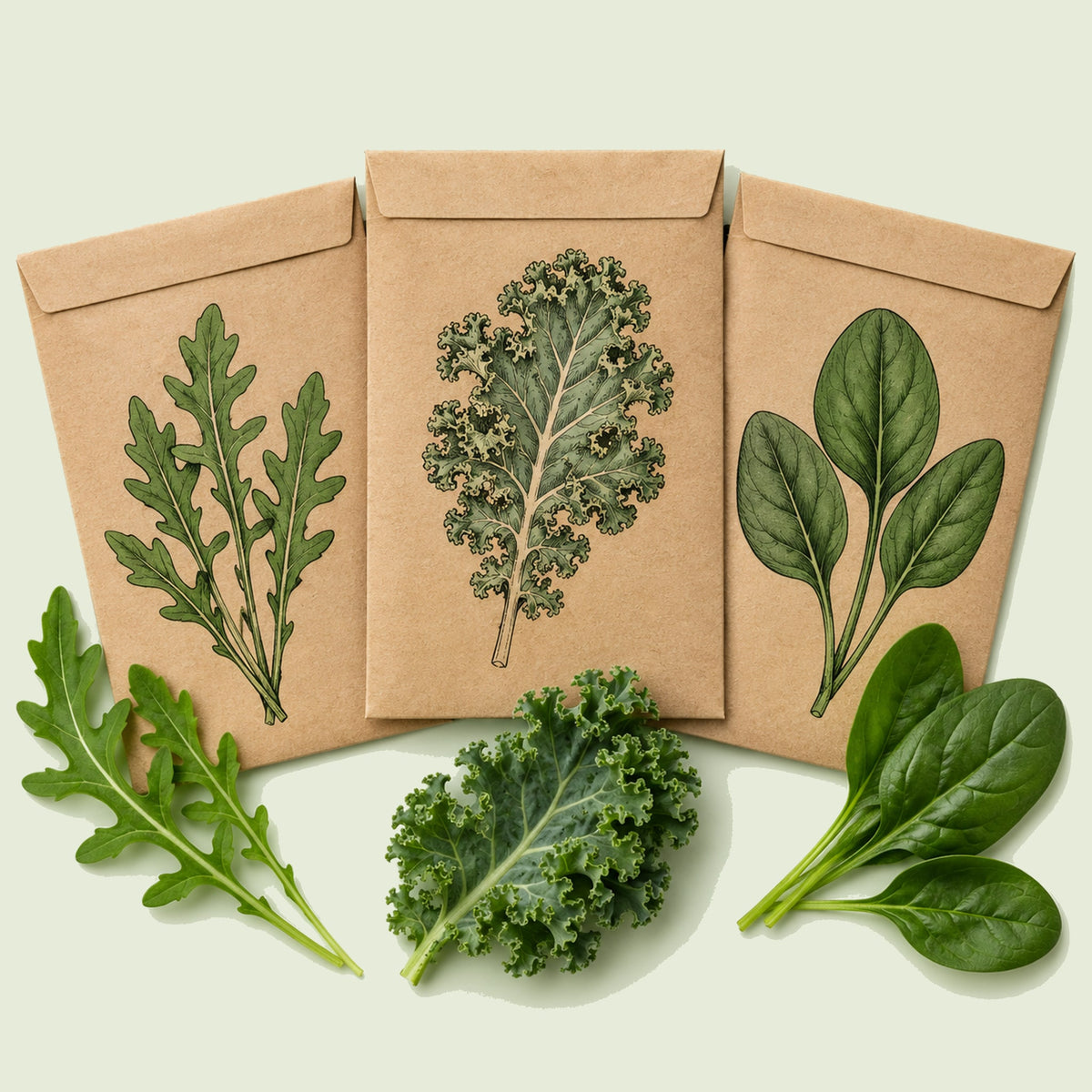 Kraft seed packet illustrated with Salad Greens Seed Bundle, with fresh Salad Greens Seed Bundle beside it