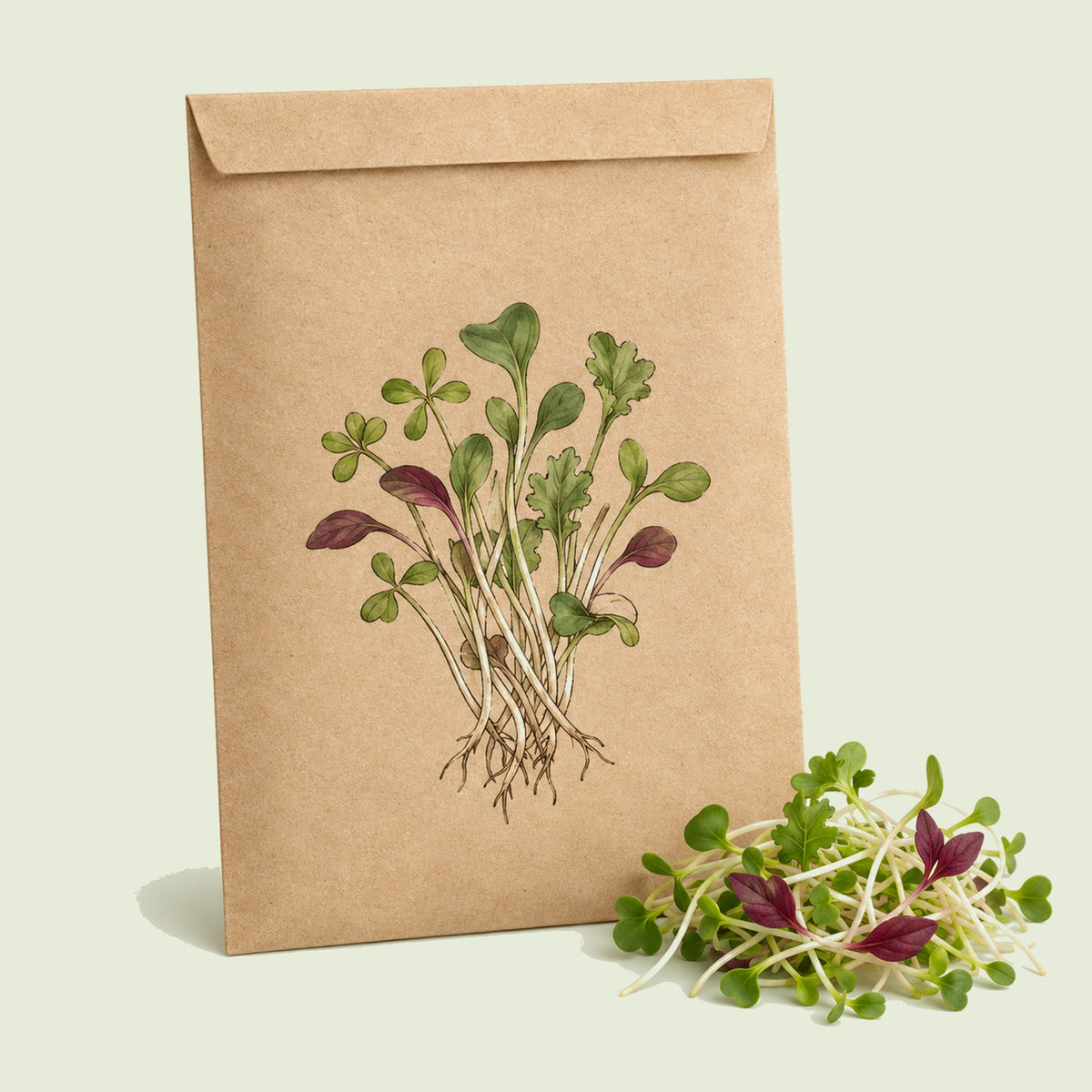 Kraft seed packet illustrated with Salad Sprout Mix, with fresh Salad Sprout Mix beside it