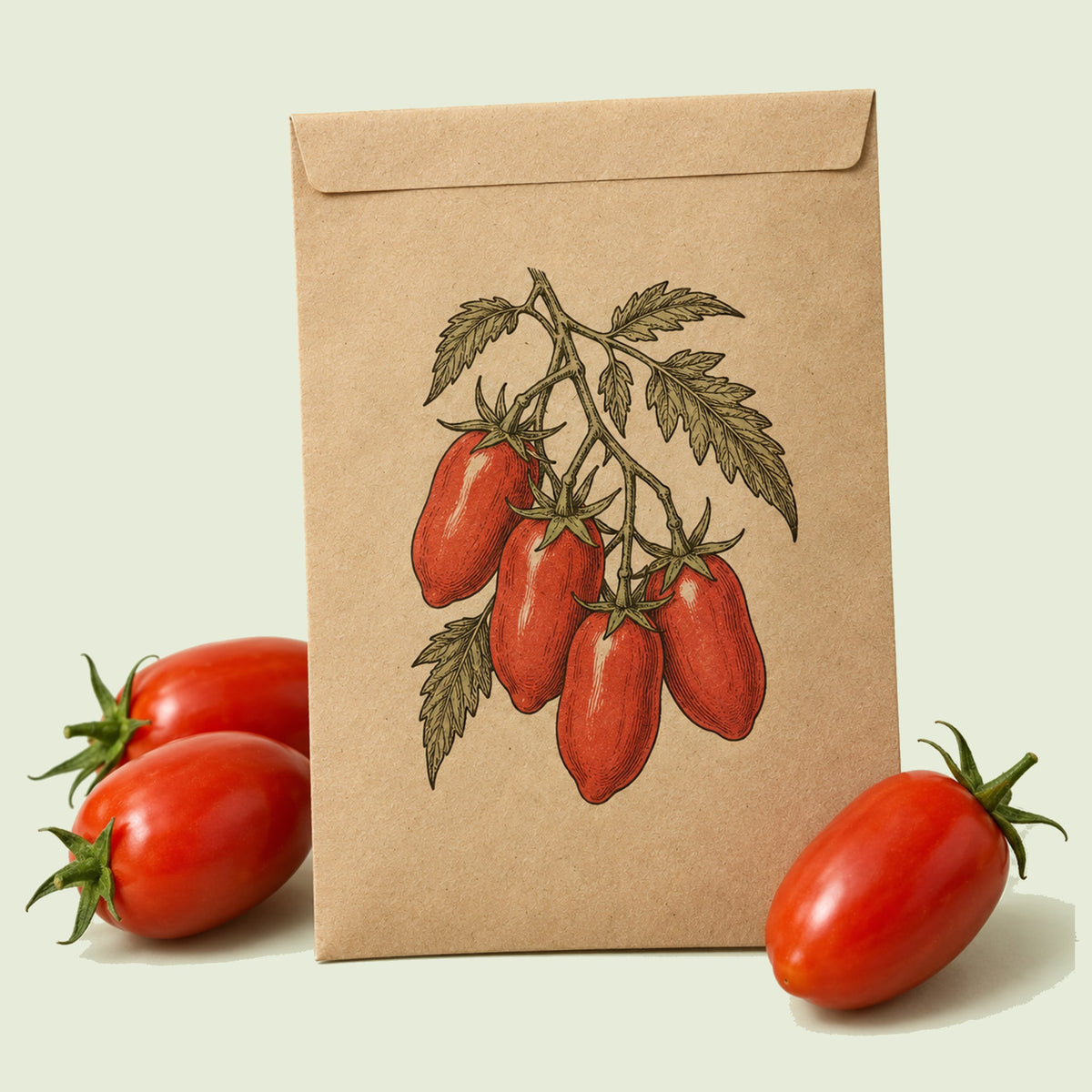 Kraft seed packet illustrated with San Marzano Roma Tomato, with fresh San Marzano Roma Tomato beside it