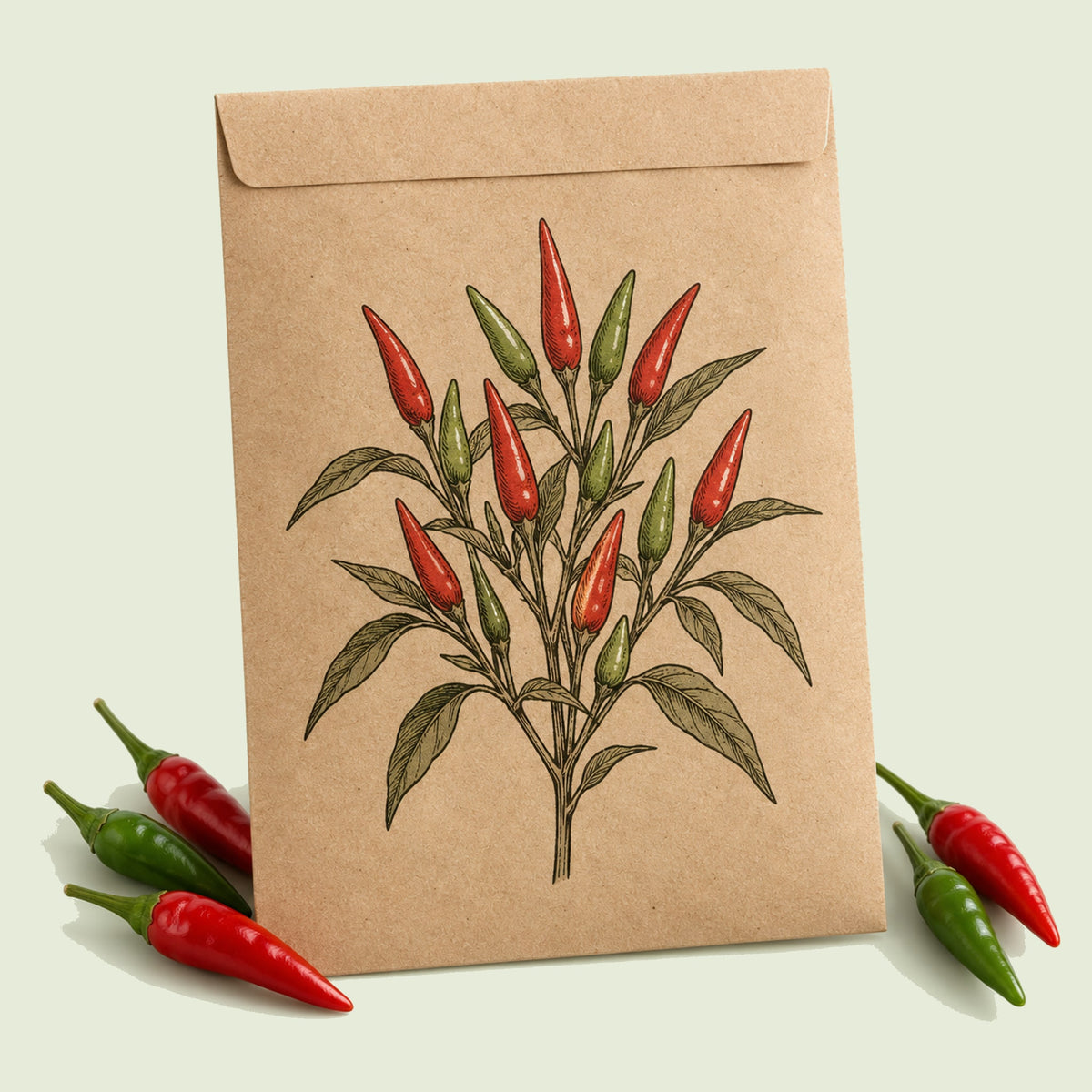 Kraft seed packet illustrated with Santaka Chile Pepper, with fresh Santaka Chile Pepper beside it