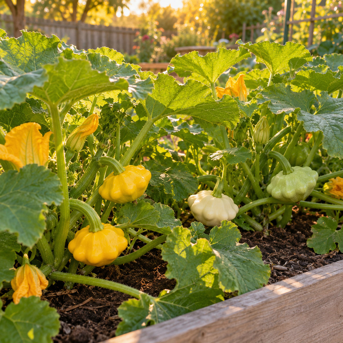 Scallop Summer Squash Blend Seeds growing in a home garden