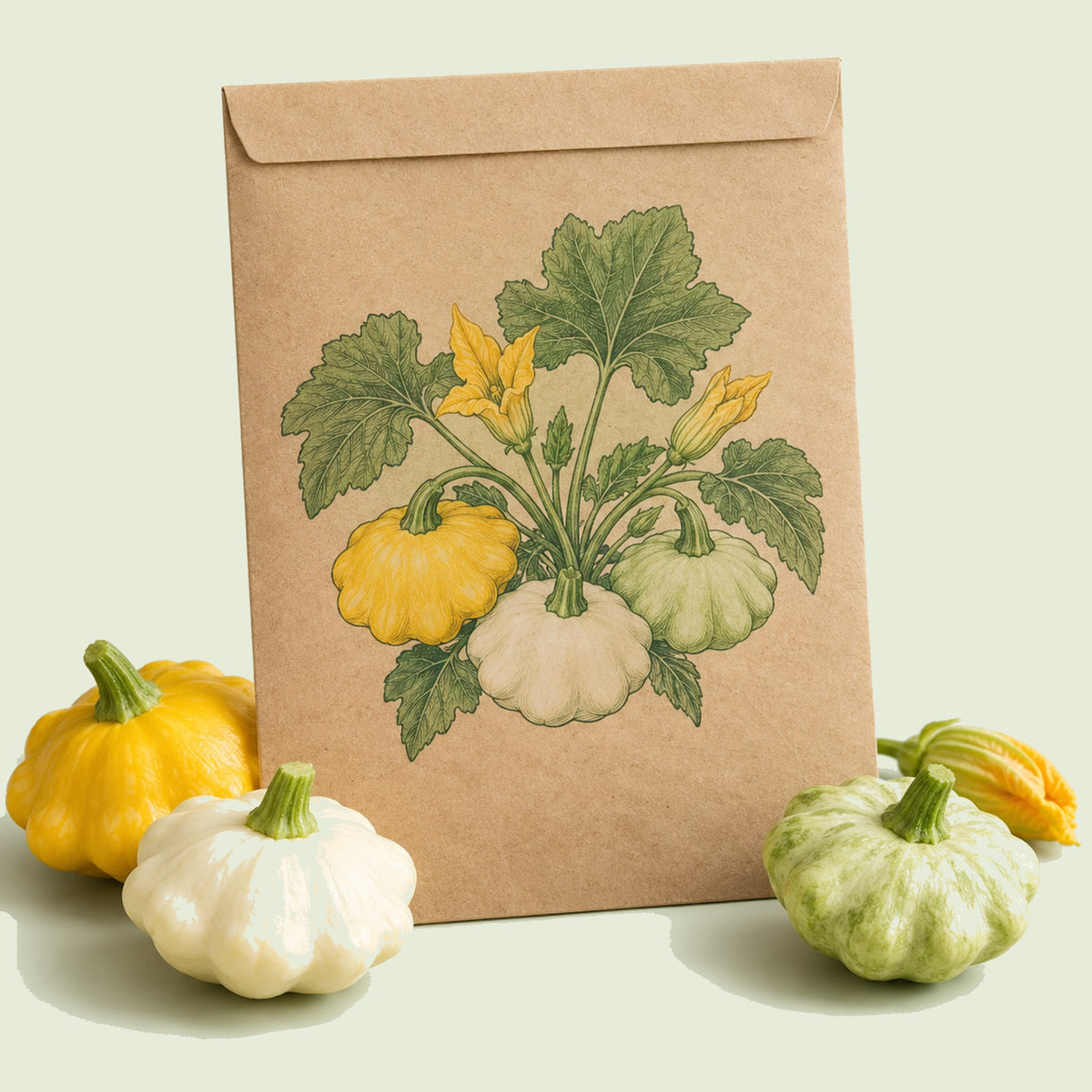 Kraft seed packet illustrated with Scallop Summer Squash Blend, with fresh Scallop Summer Squash Blend beside it