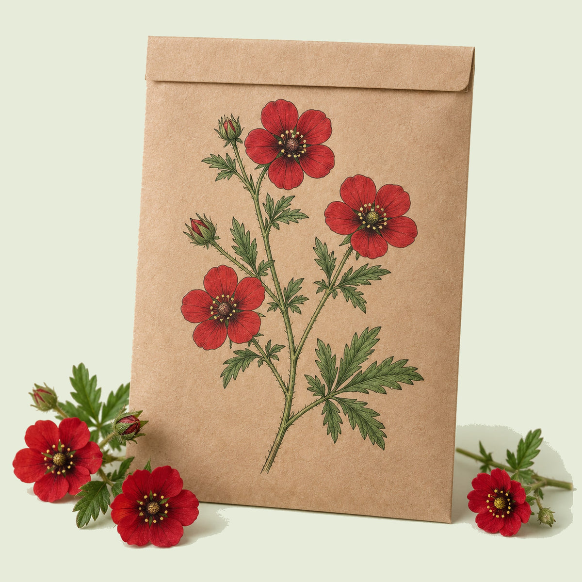 Kraft seed packet illustrated with Scarlet Cinquefoil, with fresh Scarlet Cinquefoil beside it
