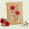 Kraft seed packet illustrated with Scarlet Flax Flower, with fresh Scarlet Flax Flower beside it