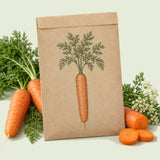 Kraft seed packet illustrated with Scarlet Nantes Carrot, with fresh Scarlet Nantes Carrot beside it