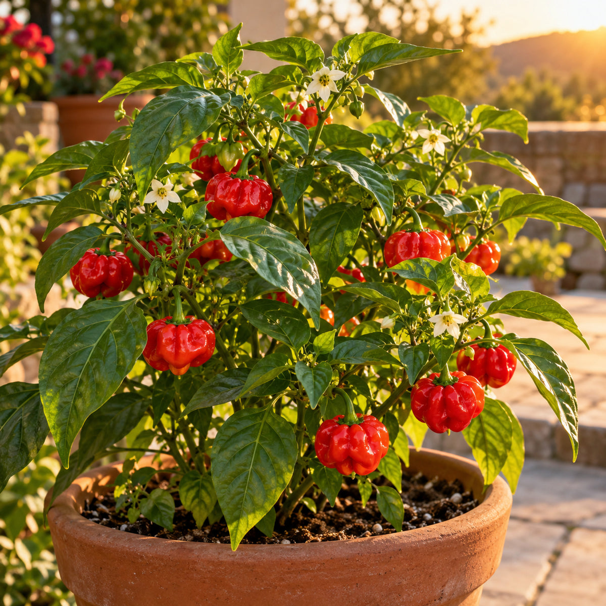 Scotch Bonnet Chile Pepper Seeds growing in a home garden