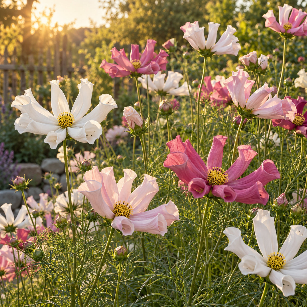 Sea Shells Blend Cosmos Seeds growing in a home garden