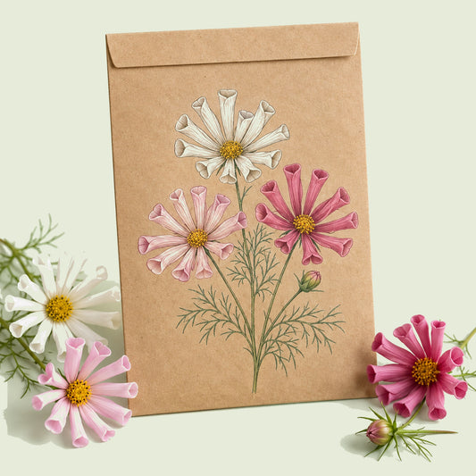 Kraft seed packet illustrated with Sea Shells Blend Cosmos, with fresh Sea Shells Blend Cosmos beside it