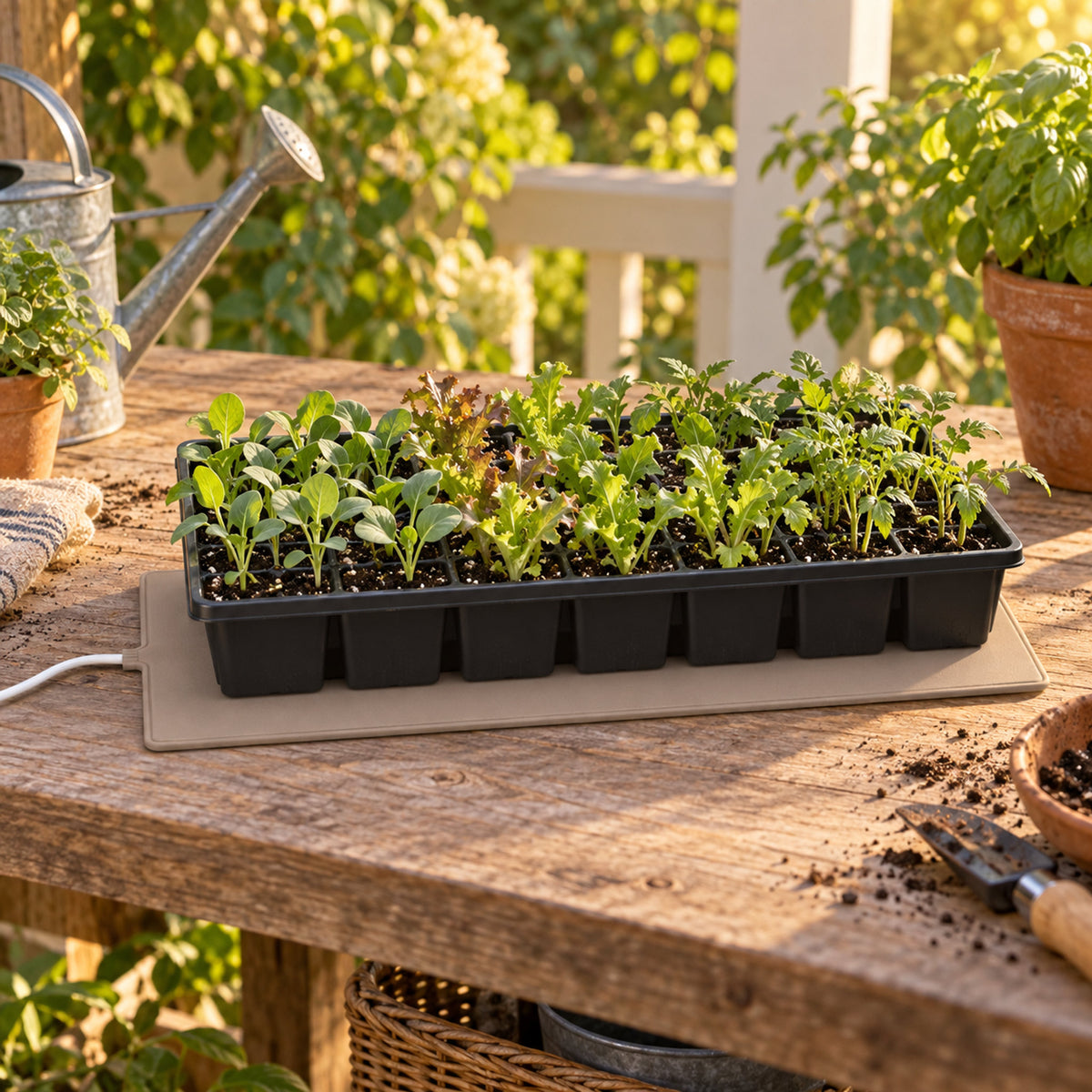 Seedling Heat Mat for 10 x 20 Inch Trays in use in a home garden