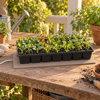 Seedling Heat Mat for 10 x 20 Inch Trays in use in a home garden