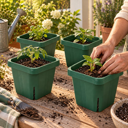 Seedling Pots, 5 x 5 Inches, 4 Pack in use in a home garden