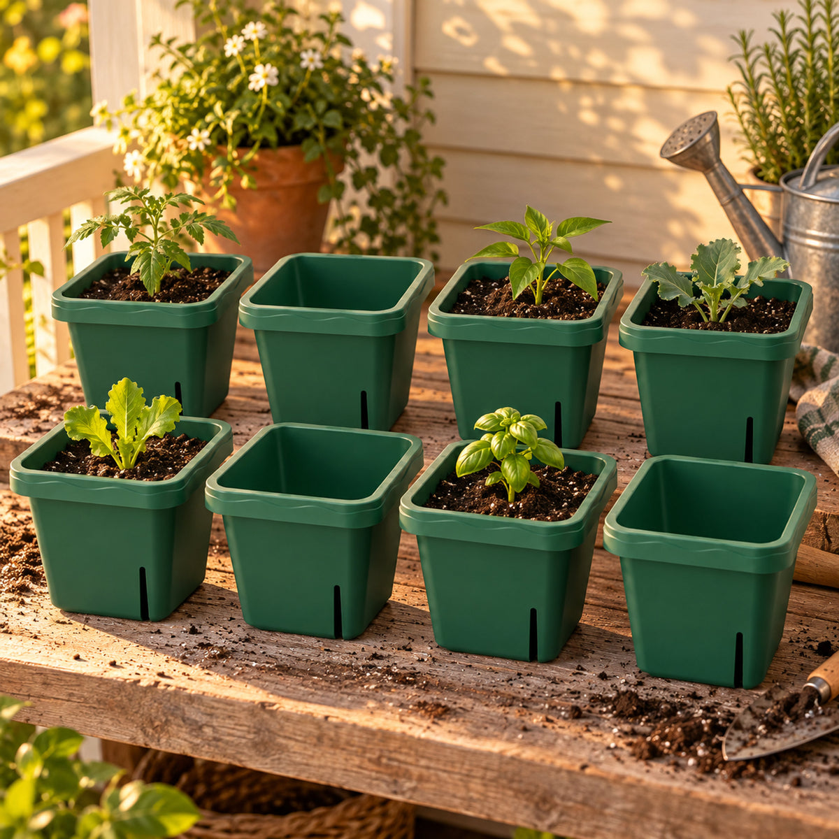 Seedling Pots, 5 x 5 Inches, 8 Pack in use in a home garden