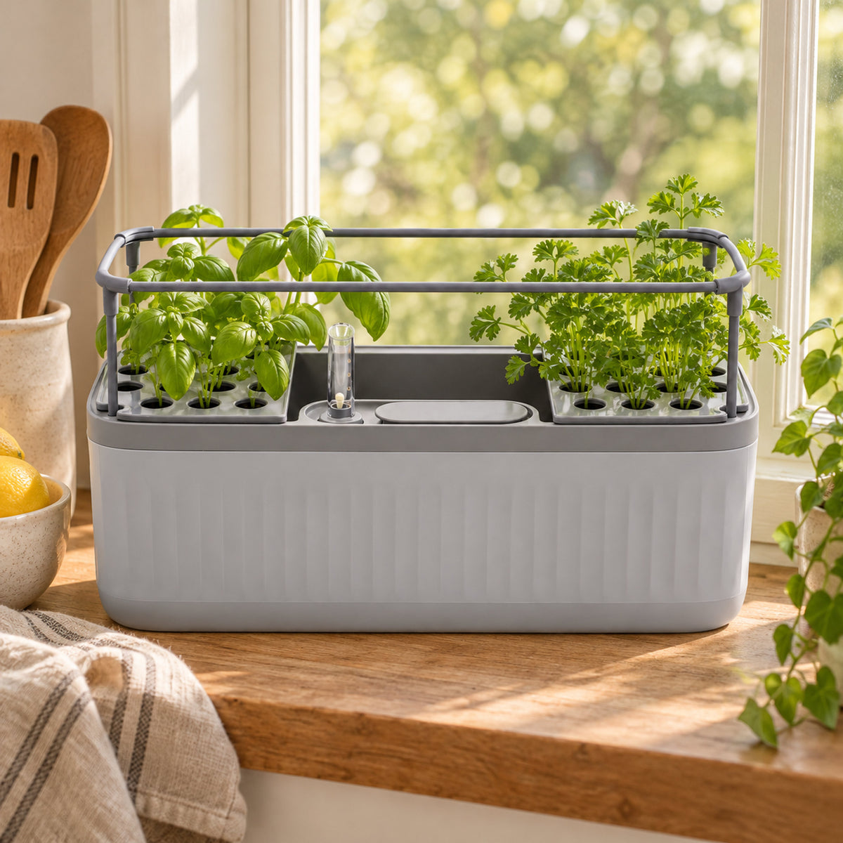 Self-Watering Herb Planter With Trellis in use in a home garden