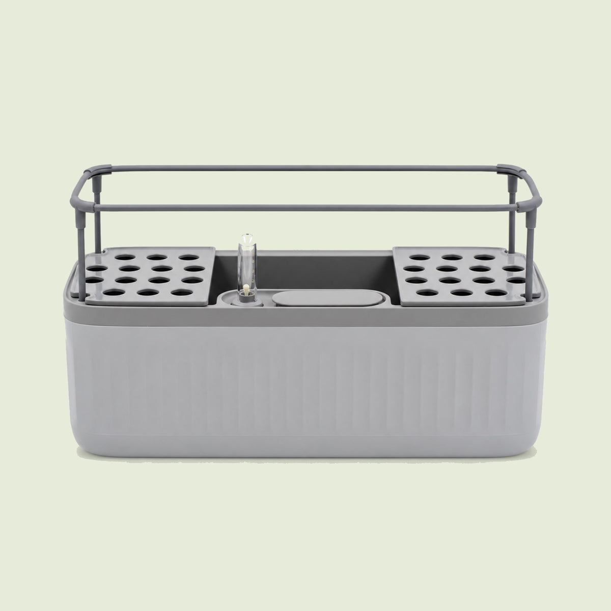 Self-Watering Herb Planter With Trellis on a soft green background
